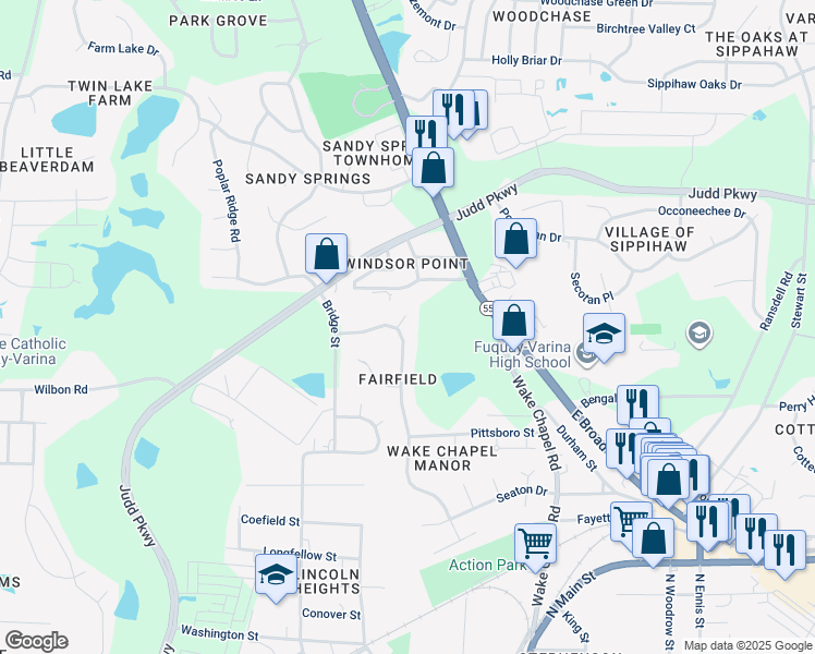 map of restaurants, bars, coffee shops, grocery stores, and more near 900 Jacobean Court in Fuquay Varina