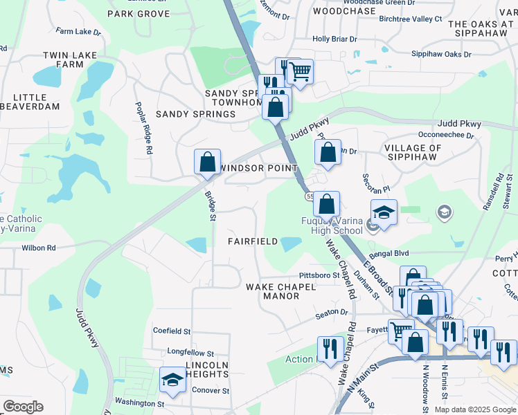 map of restaurants, bars, coffee shops, grocery stores, and more near 900 Jacobean Court in Fuquay Varina
