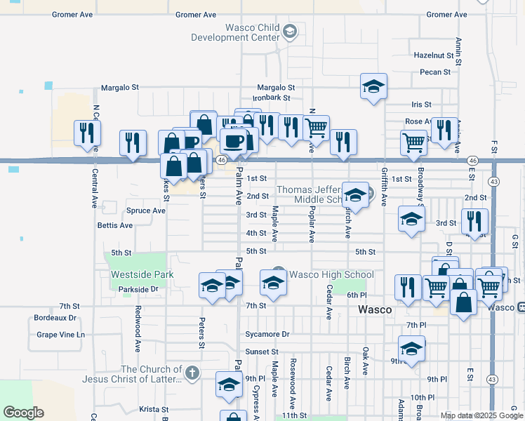 map of restaurants, bars, coffee shops, grocery stores, and more near 1923 2nd Street in Wasco