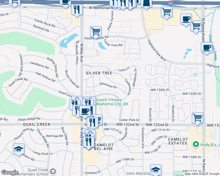 map of restaurants, bars, coffee shops, grocery stores, and more near 2707 Silvertree Drive in Oklahoma City