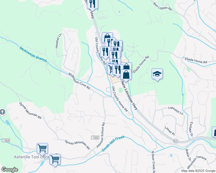 map of restaurants, bars, coffee shops, grocery stores, and more near 22 Mill Creek Loop in Asheville
