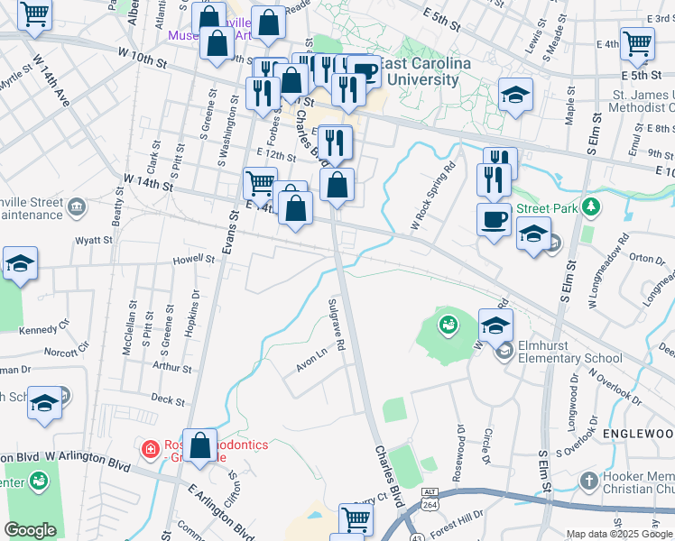 map of restaurants, bars, coffee shops, grocery stores, and more near 1524 S Charles Blvd in Greenville