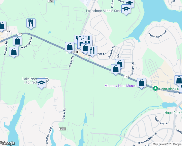 map of restaurants, bars, coffee shops, grocery stores, and more near 118 Kendra Drive in Mooresville