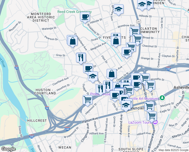 map of restaurants, bars, coffee shops, grocery stores, and more near 17 Bearden Avenue in Asheville