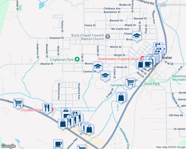 map of restaurants, bars, coffee shops, grocery stores, and more near 1104 Cannon Avenue in Sweetwater