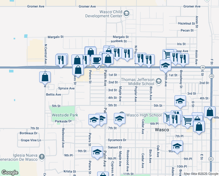 map of restaurants, bars, coffee shops, grocery stores, and more near 302 Palm Avenue in Wasco