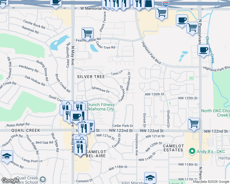 map of restaurants, bars, coffee shops, grocery stores, and more near 2623 Silvertree Drive in Oklahoma City