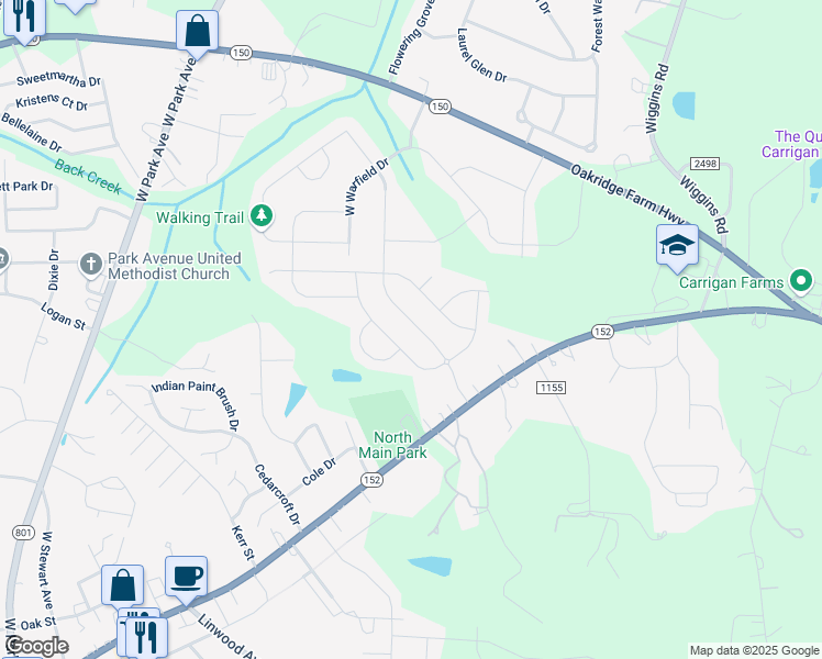 map of restaurants, bars, coffee shops, grocery stores, and more near 184 Glastonbury Drive in Mooresville