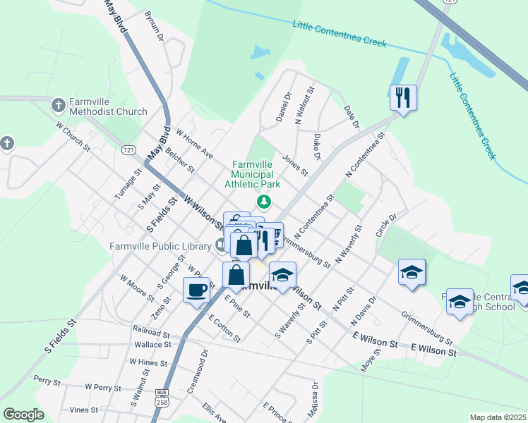 map of restaurants, bars, coffee shops, grocery stores, and more near 3672 North Main Street in Farmville