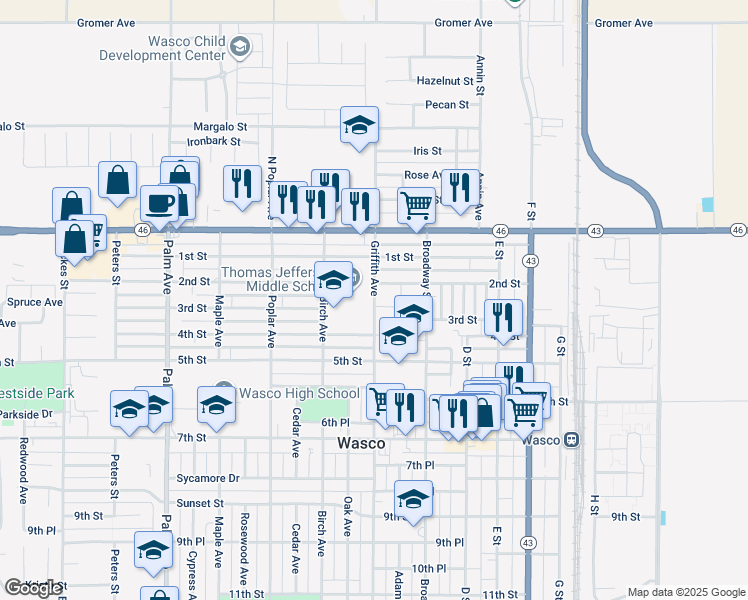 map of restaurants, bars, coffee shops, grocery stores, and more near 1225 2nd Street in Wasco