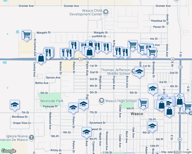 map of restaurants, bars, coffee shops, grocery stores, and more near 1923 2nd Street in Wasco