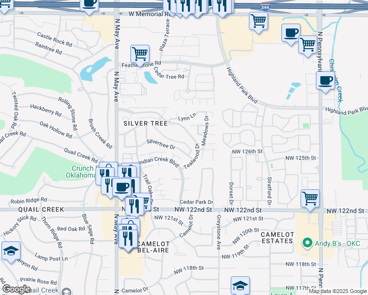 map of restaurants, bars, coffee shops, grocery stores, and more near 2623 Silvertree Drive in Oklahoma City