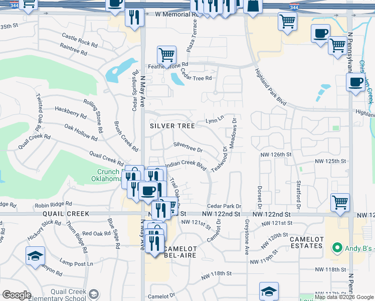 map of restaurants, bars, coffee shops, grocery stores, and more near 2707 Silvertree Drive in Oklahoma City