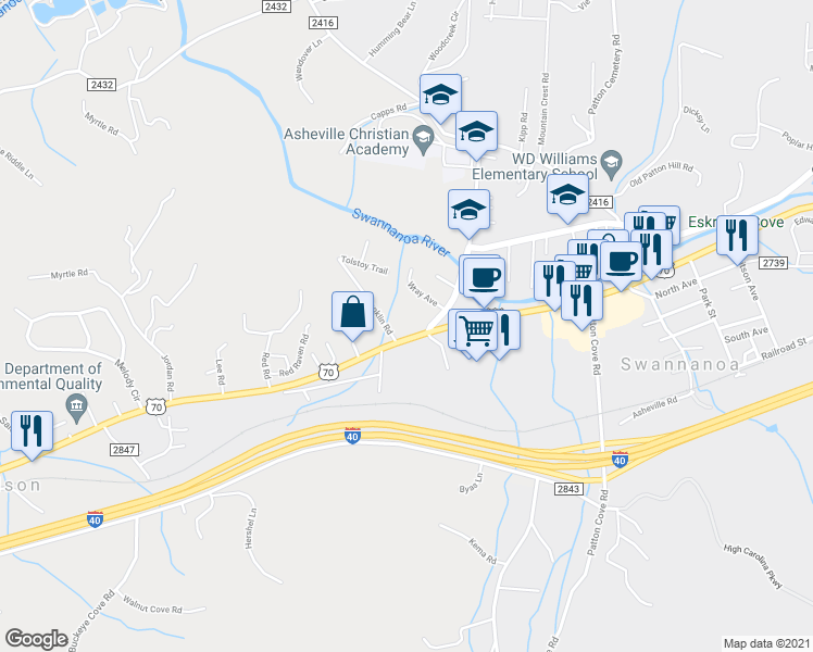 map of restaurants, bars, coffee shops, grocery stores, and more near 2244 U.S. 70 in Swannanoa