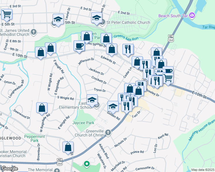 map of restaurants, bars, coffee shops, grocery stores, and more near 2711 Crockett Drive in Greenville