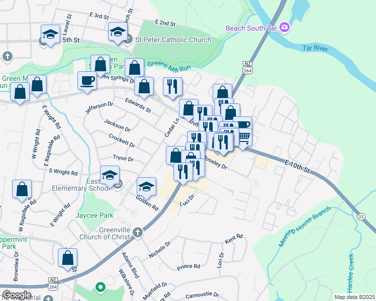map of restaurants, bars, coffee shops, grocery stores, and more near 105 John Avenue in Greenville