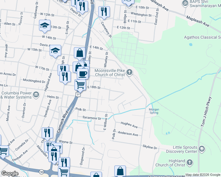 map of restaurants, bars, coffee shops, grocery stores, and more near 420 East 17th Street in Columbia