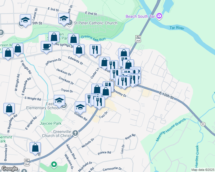 map of restaurants, bars, coffee shops, grocery stores, and more near 2009 Greenville Boulevard Southeast in Greenville