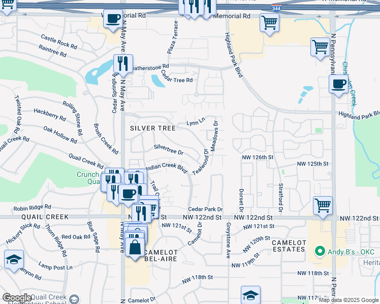 map of restaurants, bars, coffee shops, grocery stores, and more near 2621 Silvertree Drive in Oklahoma City