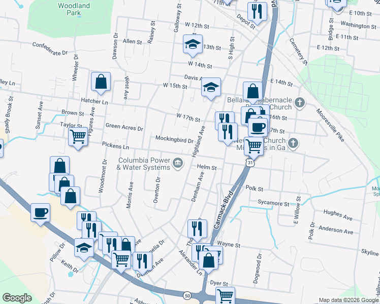 map of restaurants, bars, coffee shops, grocery stores, and more near 207 Mockingbird Drive in Columbia