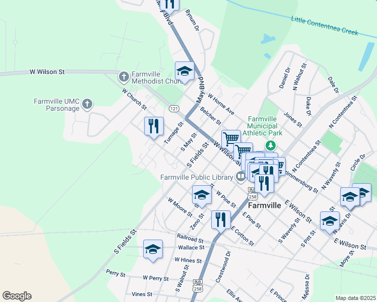 map of restaurants, bars, coffee shops, grocery stores, and more near 4407 West Church Street in Farmville