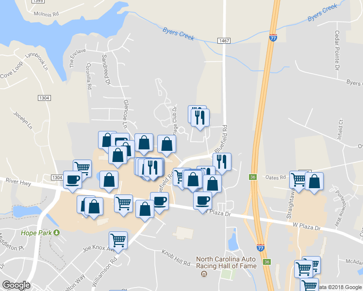 map of restaurants, bars, coffee shops, grocery stores, and more near 140 Carriage Club Drive in Mooresville