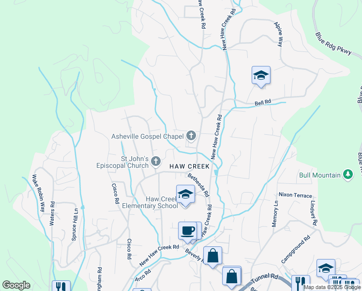 map of restaurants, bars, coffee shops, grocery stores, and more near 22 Willowbrook Road in Asheville