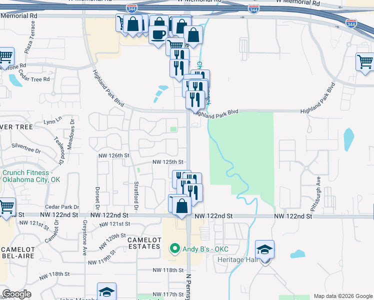 map of restaurants, bars, coffee shops, grocery stores, and more near 12720 North Pennsylvania Avenue in Oklahoma City