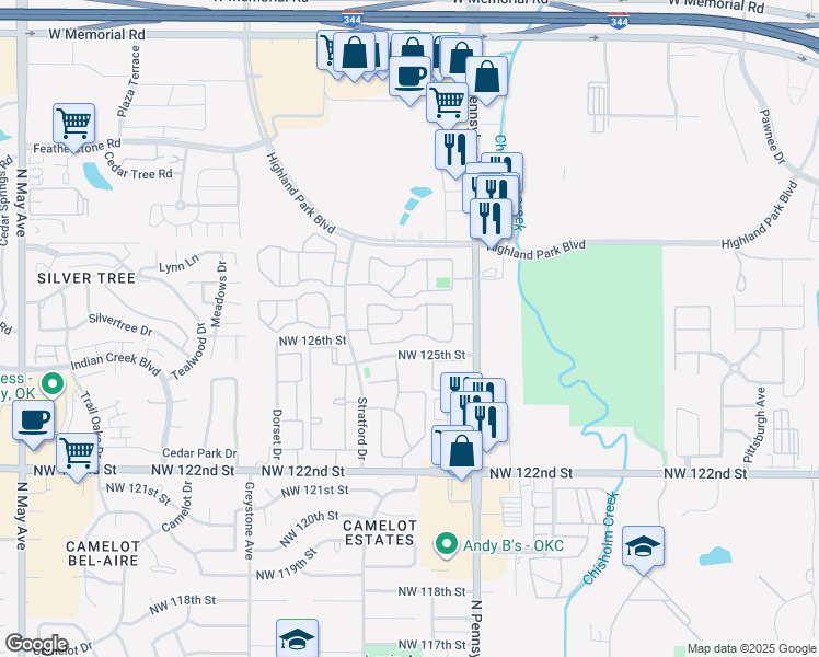 map of restaurants, bars, coffee shops, grocery stores, and more near 12601 North Pennsylvania Avenue in Oklahoma City