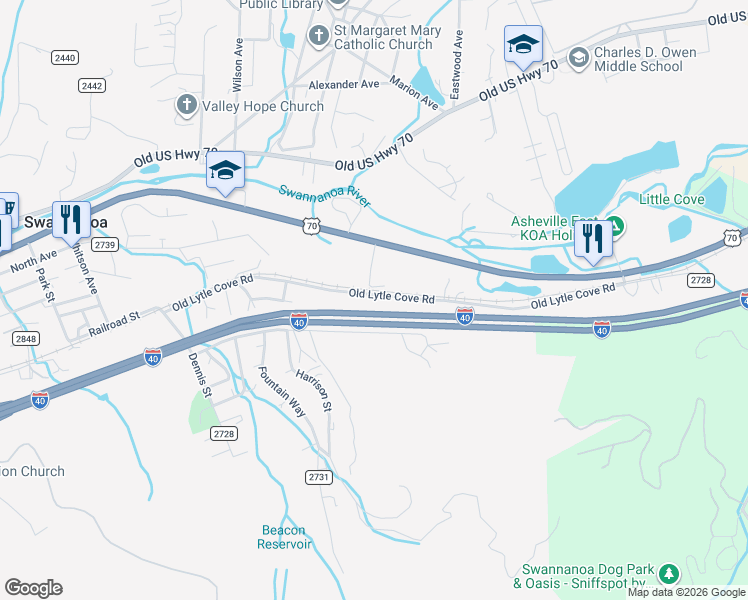 map of restaurants, bars, coffee shops, grocery stores, and more near 448 Old Lytle Cove Road in Swannanoa