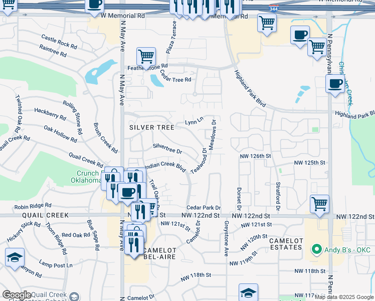 map of restaurants, bars, coffee shops, grocery stores, and more near 2619 Silvertree Drive in Oklahoma City
