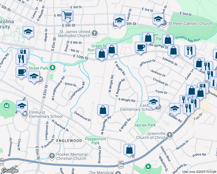 map of restaurants, bars, coffee shops, grocery stores, and more near 1026 West Wright Road in Greenville