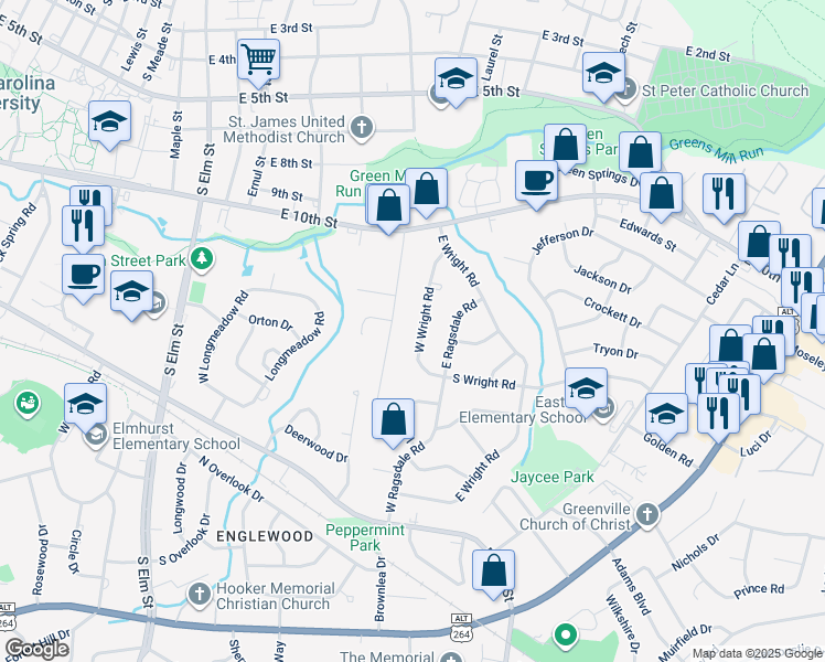 map of restaurants, bars, coffee shops, grocery stores, and more near 1026 West Wright Road in Greenville