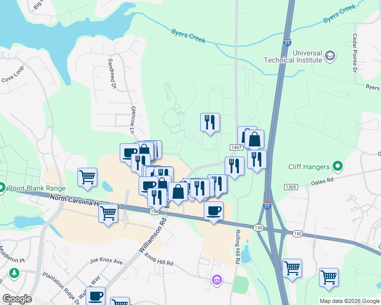 map of restaurants, bars, coffee shops, grocery stores, and more near 140 Carriage Club Drive in Mooresville