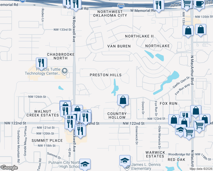 map of restaurants, bars, coffee shops, grocery stores, and more near 12700 Sutton Hill Road in Oklahoma City