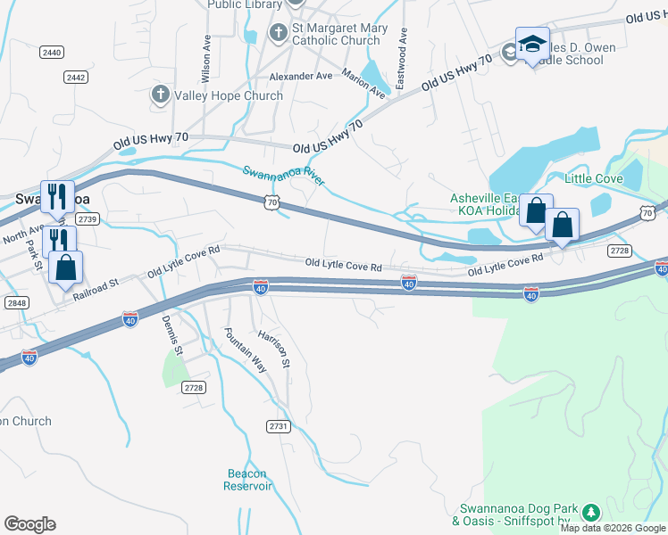 map of restaurants, bars, coffee shops, grocery stores, and more near 448 Old Lytle Cove Road in Swannanoa