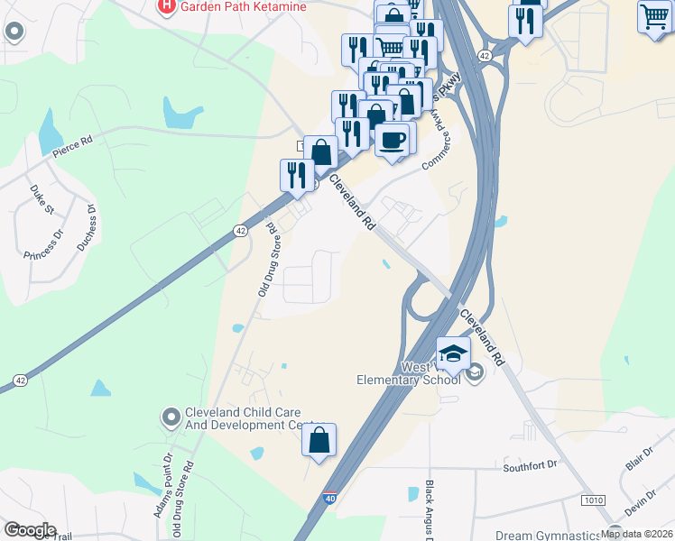 map of restaurants, bars, coffee shops, grocery stores, and more near 252 Thornwhistle Pl in Garner