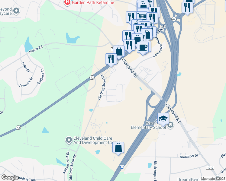 map of restaurants, bars, coffee shops, grocery stores, and more near 92 Powderhorn Pt in Garner