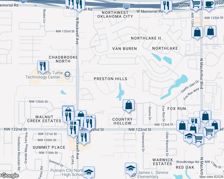 map of restaurants, bars, coffee shops, grocery stores, and more near 12700 Sutton Hill Road in Oklahoma City