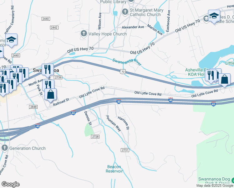 map of restaurants, bars, coffee shops, grocery stores, and more near 400 Old Lytle Cove Road in Swannanoa