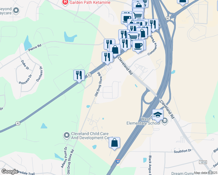 map of restaurants, bars, coffee shops, grocery stores, and more near 92 Powderhorn Pt in Garner