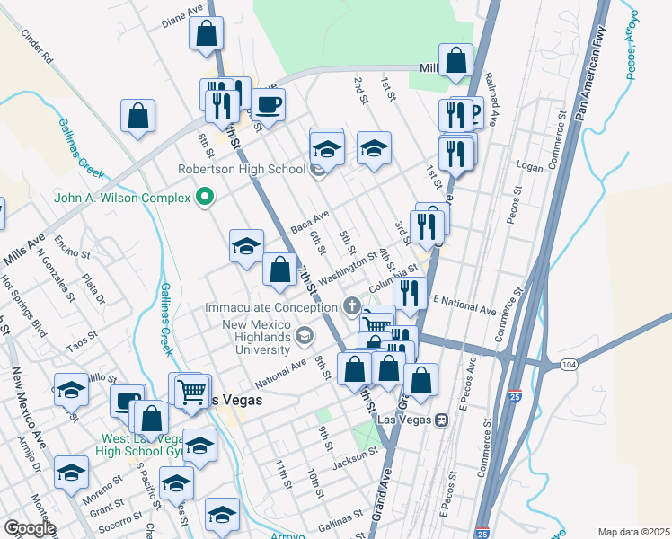 map of restaurants, bars, coffee shops, grocery stores, and more near 548 Washington Street in Las Vegas