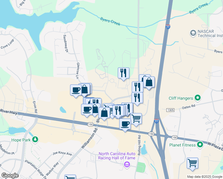 map of restaurants, bars, coffee shops, grocery stores, and more near 140 Carriage Club Drive in Mooresville