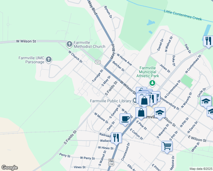 map of restaurants, bars, coffee shops, grocery stores, and more near 4407 West Church Street in Farmville