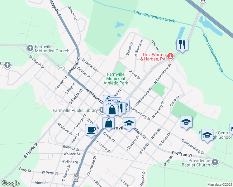 map of restaurants, bars, coffee shops, grocery stores, and more near 4254 Belcher Street in Farmville