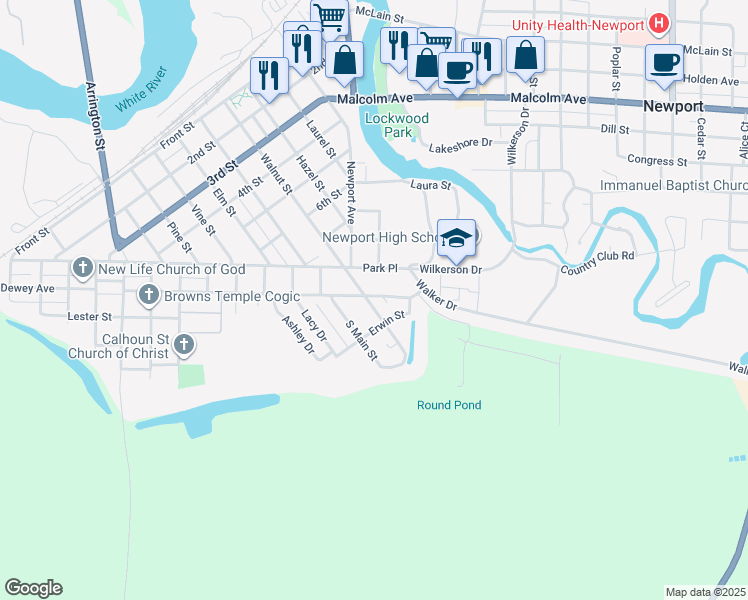 map of restaurants, bars, coffee shops, grocery stores, and more near 217 Garfield Street in Newport