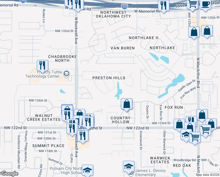 map of restaurants, bars, coffee shops, grocery stores, and more near 12700 Sutton Hill Road in Oklahoma City