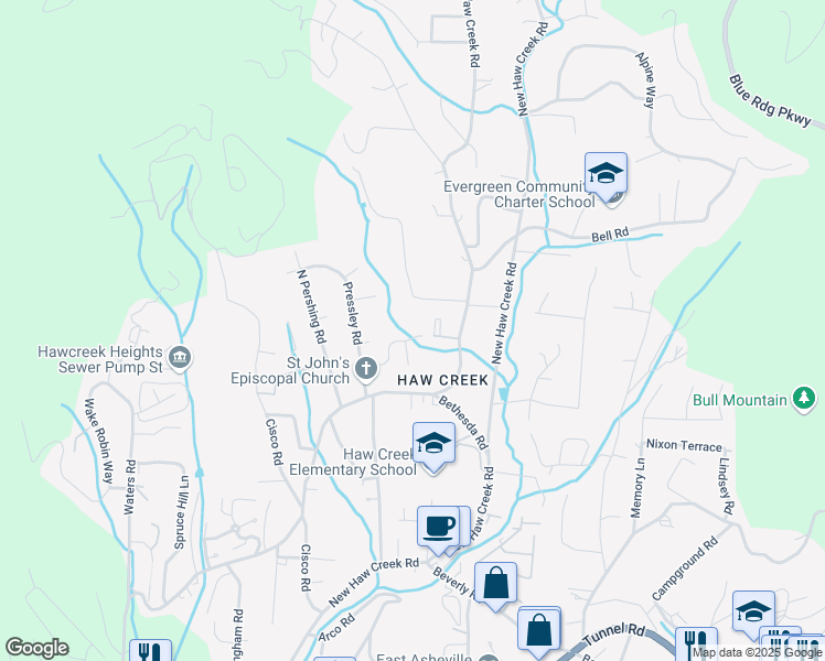 map of restaurants, bars, coffee shops, grocery stores, and more near 25 Melton Drive in Asheville
