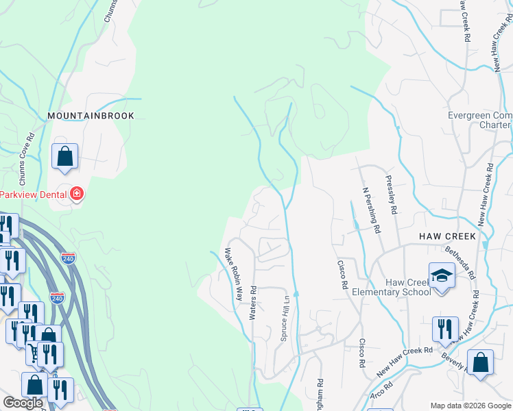 map of restaurants, bars, coffee shops, grocery stores, and more near 20 Rocking Porch Road in Asheville