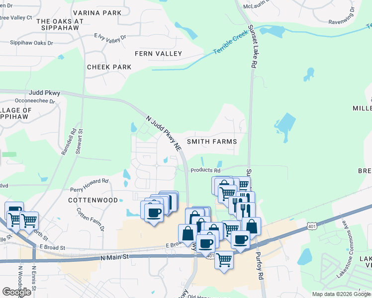 map of restaurants, bars, coffee shops, grocery stores, and more near 1235 August Moon Court in Fuquay Varina